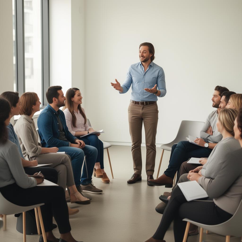 Professional trainer coaching a group of people in a workshop setting